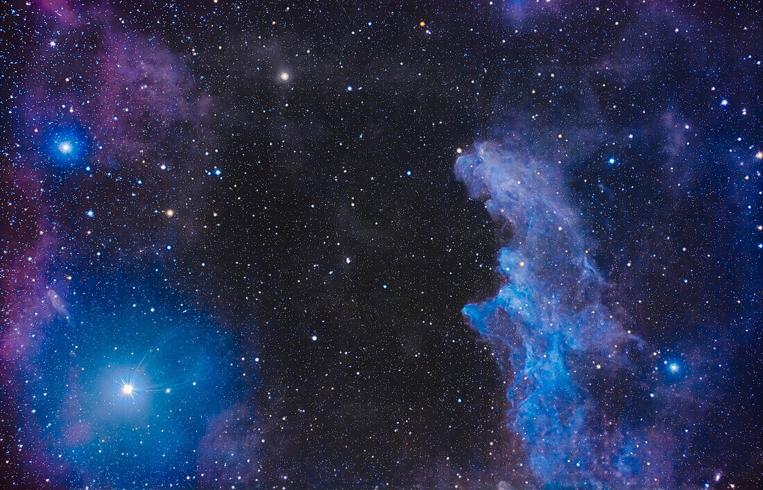 This is the reflection nebula called the Witch Head Nebula, but officially IC 2118 (also with the catalogue number NGC 1909), near the very bright star Rigel, at lower left in Orion. But the nebula is over the border in Eridanus the River. Hot blue-white Rigel is the source of illumination lighting this dusty nebula. Some faint magenta emission nebulosity also populates the field in Orion.