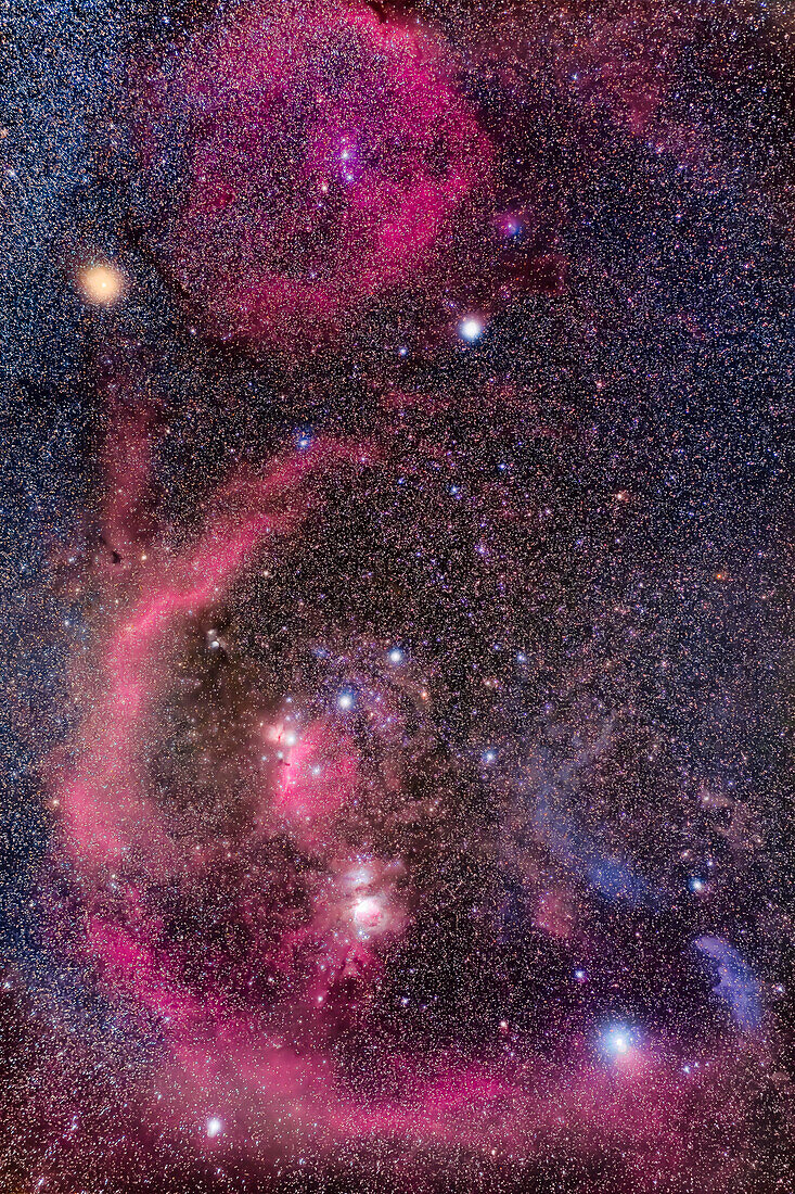 This is a portrait of Orion the Hunter with exposures and processing to emphasize the complex and colourful array of bright and dark nebulas within its boundaries.