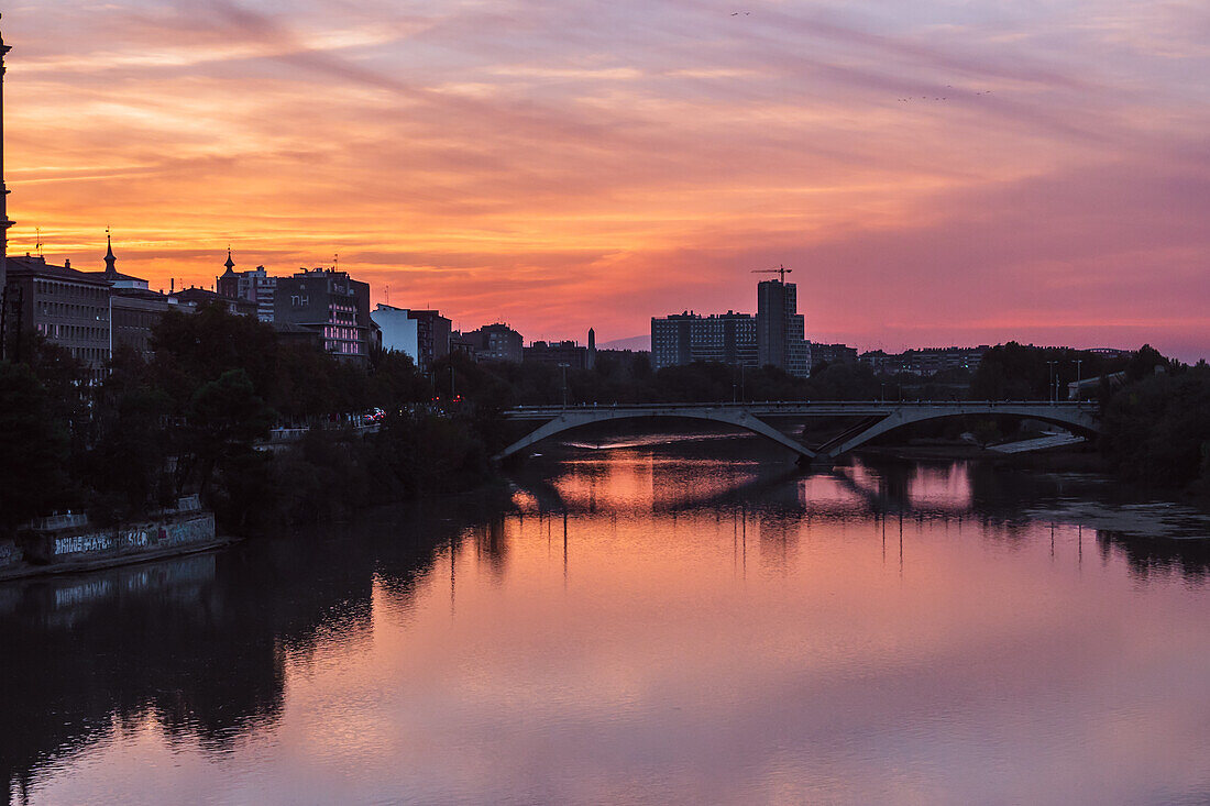 Ebro river at sunset, Zaragoza, Spain