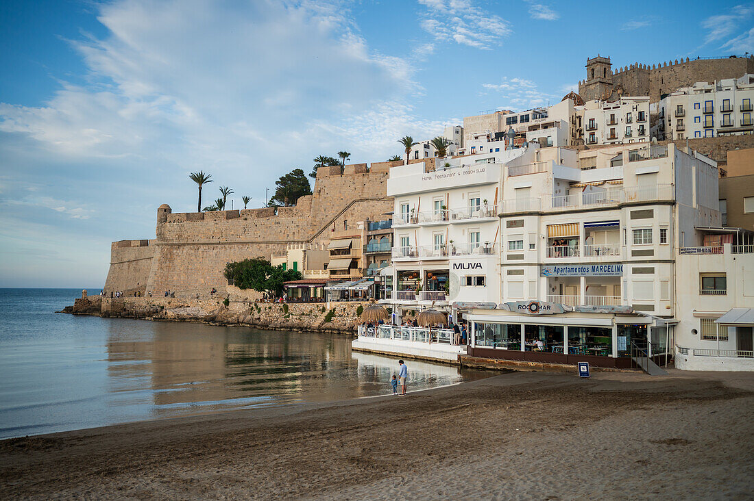 View of Papa Luna castle in Peñiscola from the beach, Castellon, Valencian Community, Spain