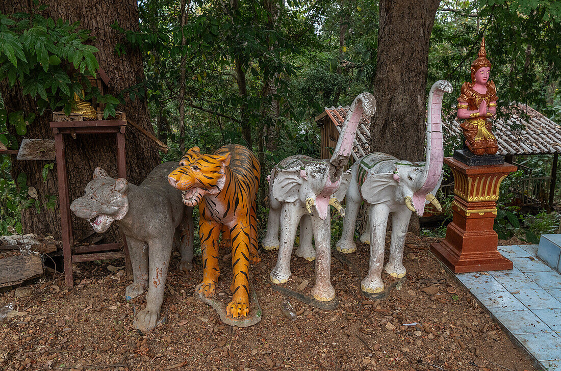 Tiger- und Elefantenstatue, Wat Pa Daeng buddhistischer Tempel im Wald oberhalb von Chiang Mai, Thailand, Südostasien, Asien