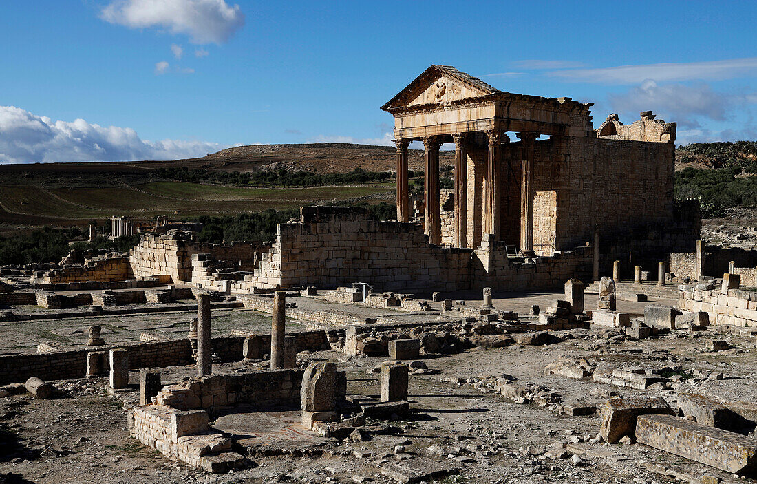 The ruins of the Roman town of Dougga, UNESCO World Heritage Site, valley of Oued Khalled, northwest Tunisia, North Africa, Africa