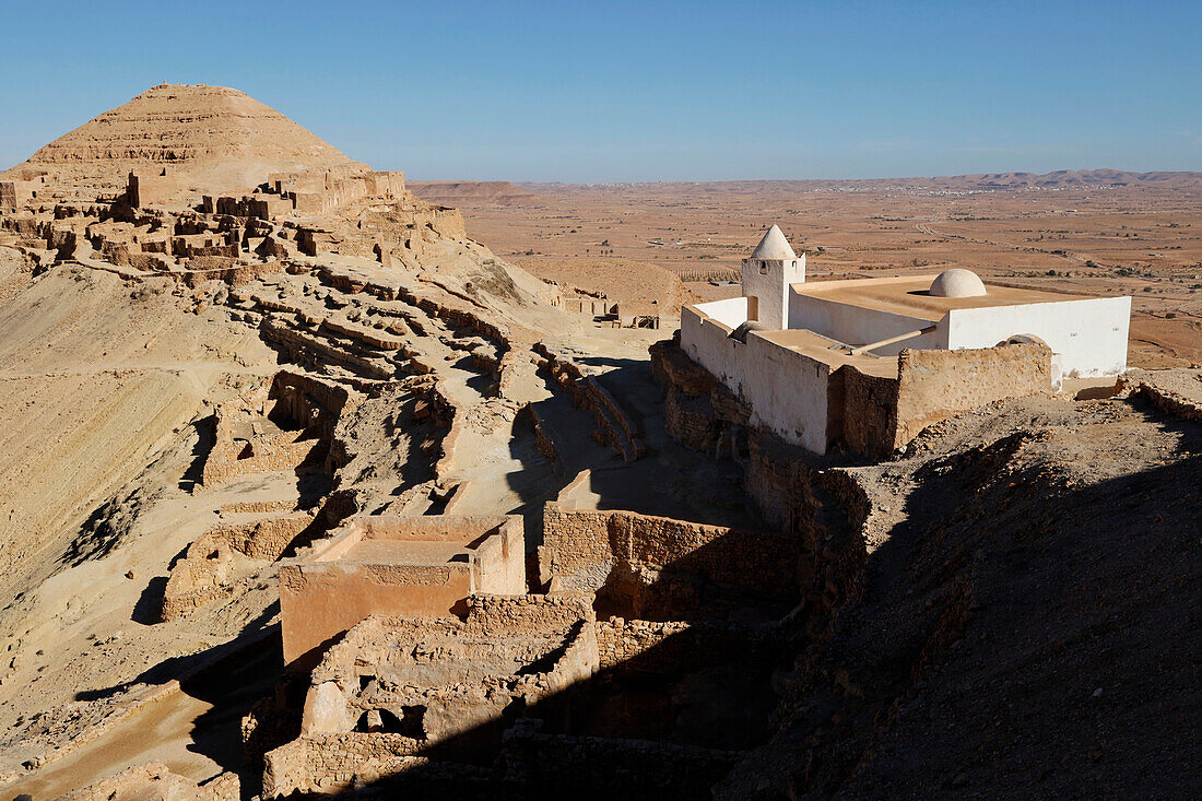 Mosque in the ruins of Berber troglodyte structures, Tataouine region, southern Tunisia, North Africa