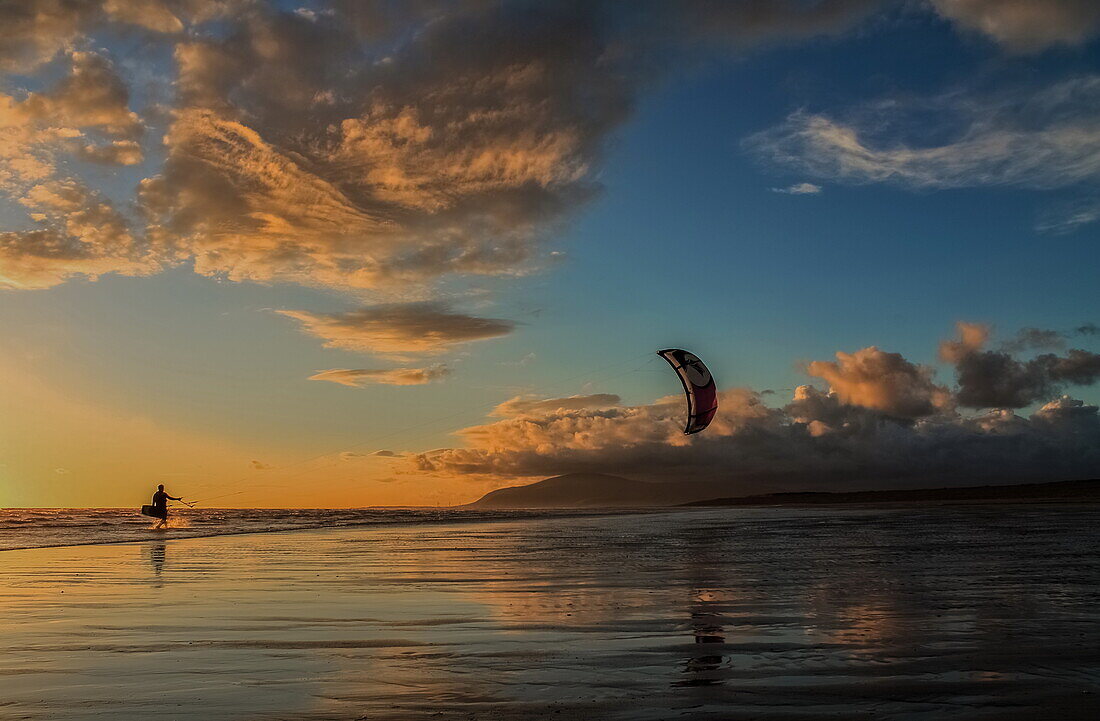 Kitesurfer from Walney Island on the Cumbrian Coast with Black Combe in the distance, Cumbria, England, United Kingdom, Europe