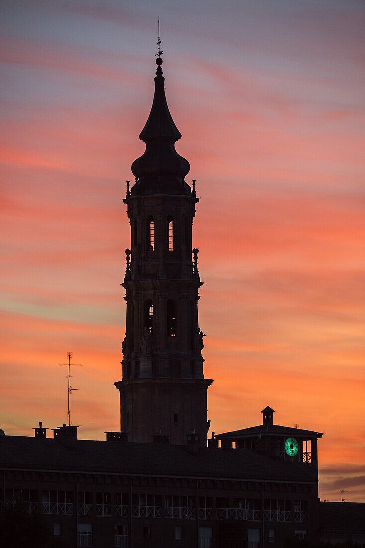 Cathedral-Basilica of Our Lady of the Pillar at sunset, Zaragoza, Spain