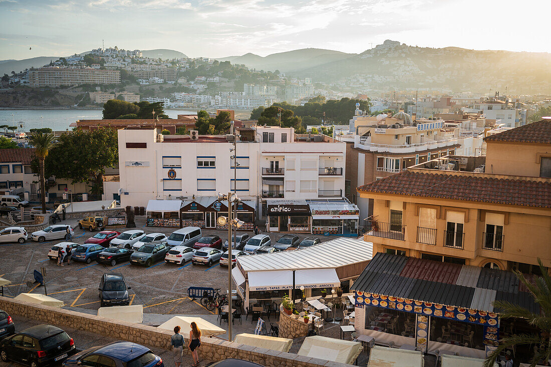 View at sunset from the city walls of the Papa Luna castle in Peñiscola, Castellon, Valencian Community, Spain