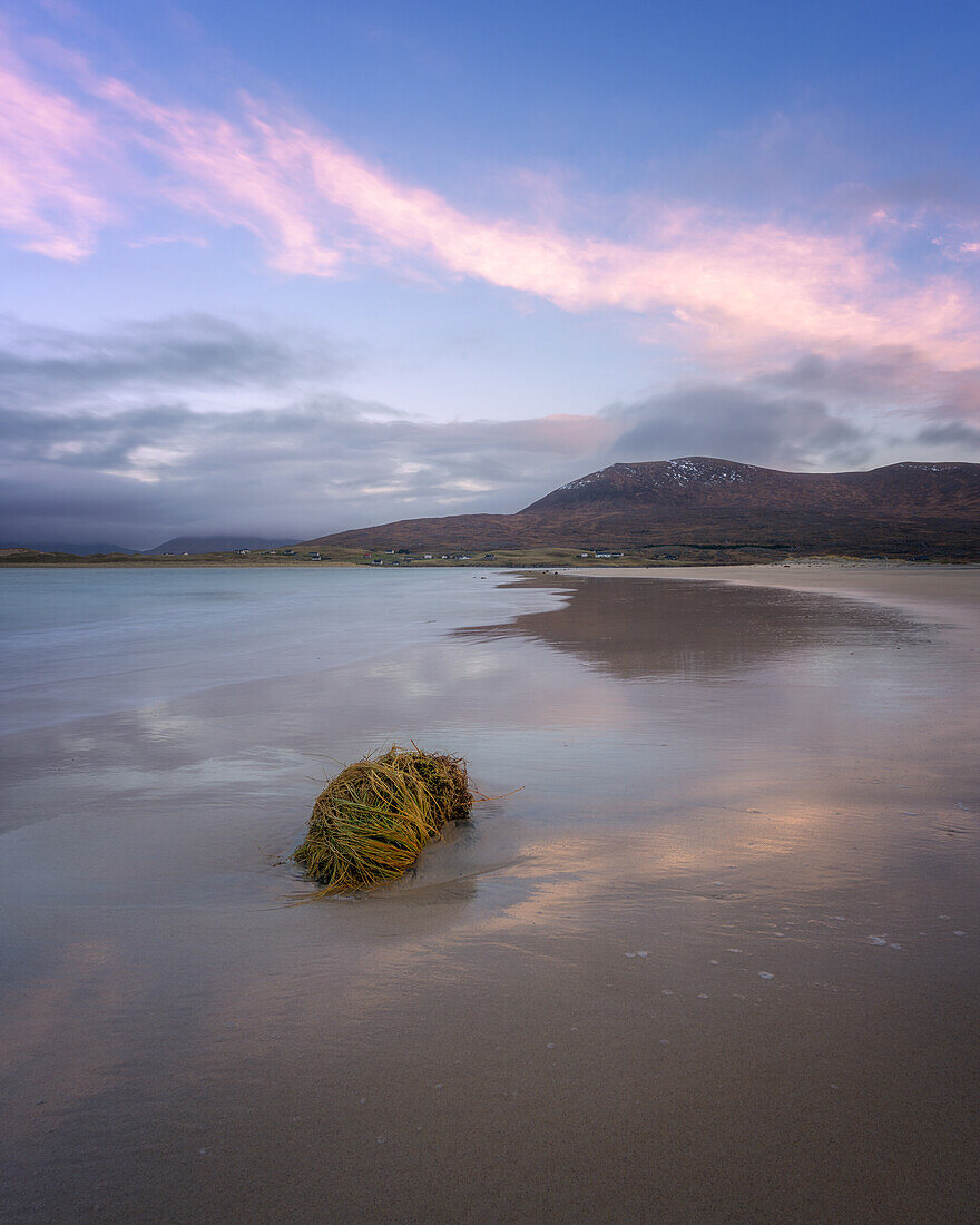 Angeschwemmtes Seegras am Strand bei Sonnenaufgang, Isle of Harris, Äußere Hebriden, Schottland, Vereinigtes Königreich, Europa