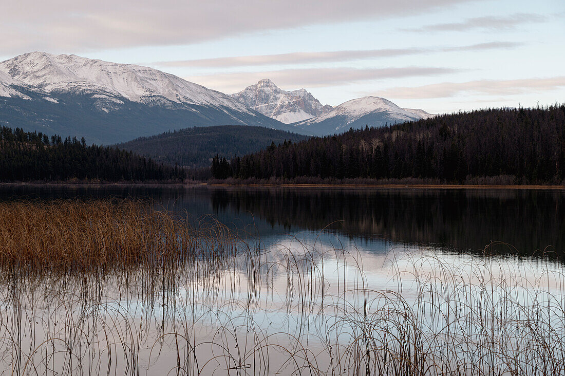 Mount Fitzwilliam am Pyramid Lake im Herbst mit Schnee, Jasper National Park, UNESCO Welterbe, Alberta, Kanadische Rockies, Kanada, Nordamerika