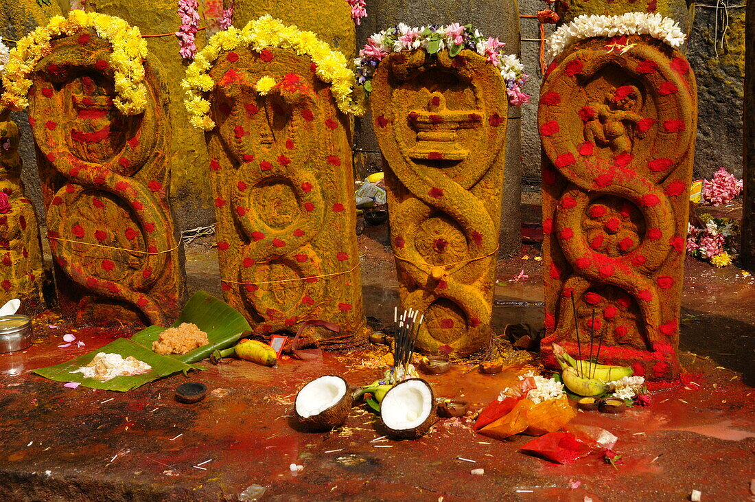 Vishnu shrines with offering placed, Tiruchirappali, Tamil Nadu, India, Asia