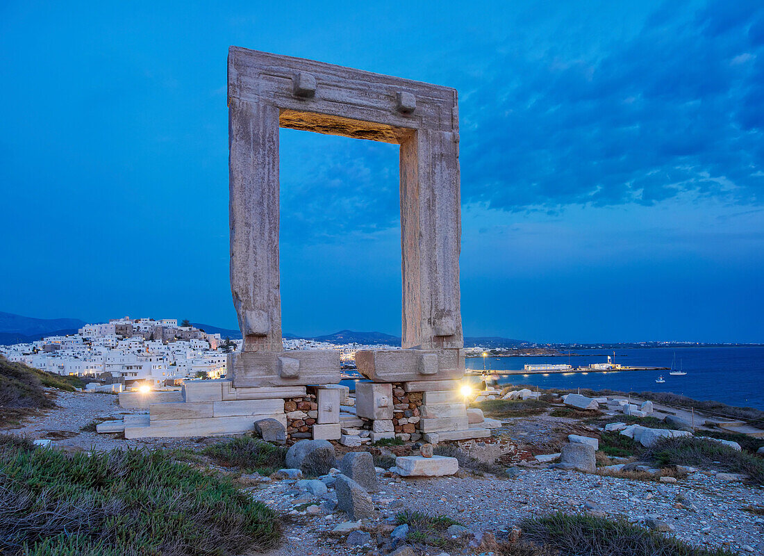 Temple of Apollo at dusk, Chora, Naxos City, Naxos Island, Cyclades, Greek Islands, Greece, Europe