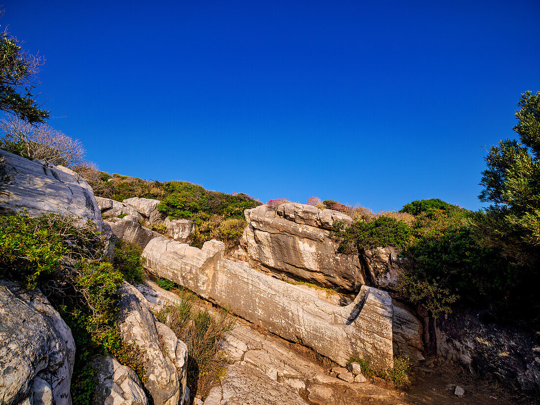 Statue of Dionysos, archaic marble quarry, Apollonas Kouros, Naxos Island, Cyclades, Greek Islands, Greece, Europe