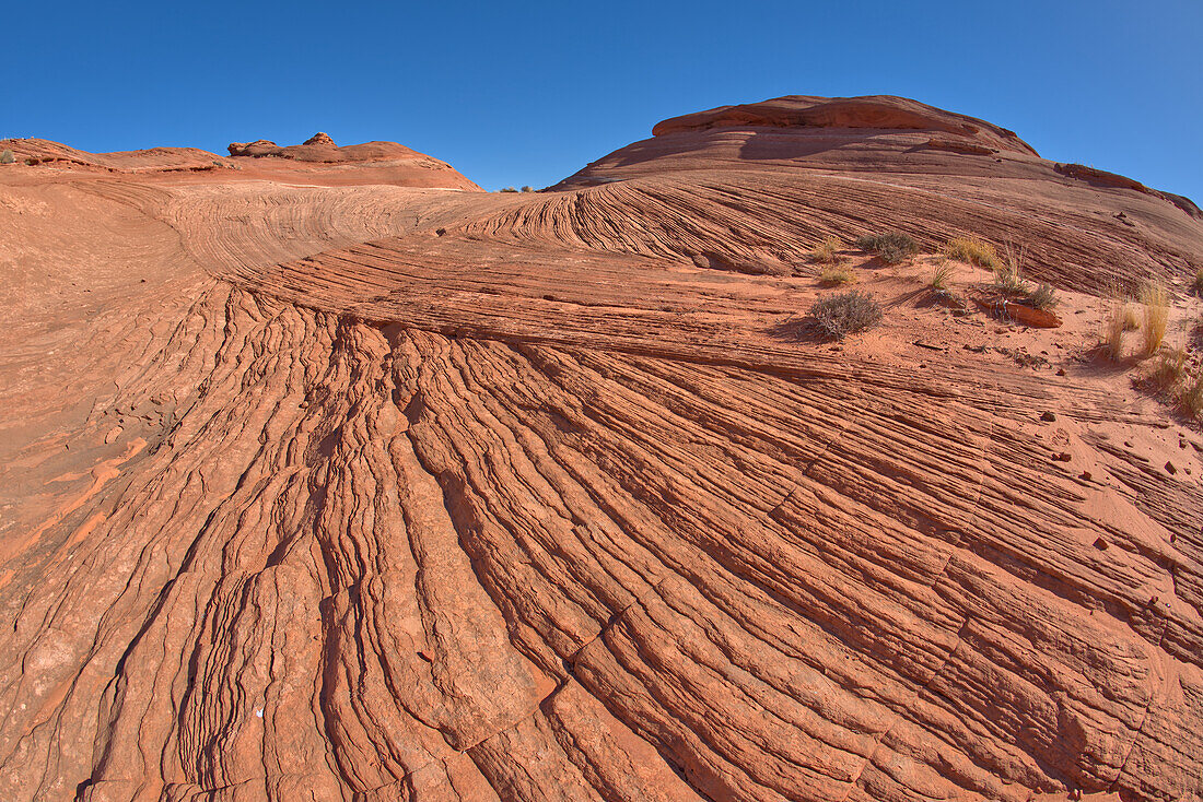 Blick von der Spitze eines gewellten Sandsteintafelbergs, einer versteinerten Sanddüne, bei Ferry Swale in der Glen Canyon Recreation Area in der Nähe von Page, Arizona, Vereinigte Staaten von Amerika, Nordamerika