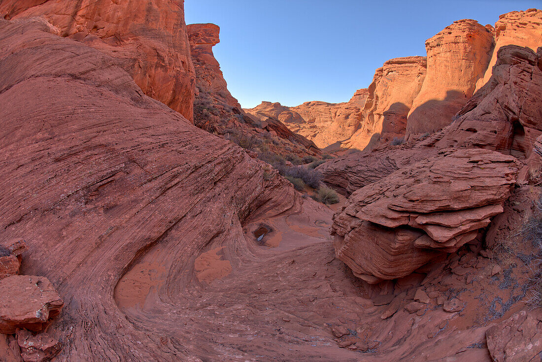 View from below the cliffs of the spur canyon just north of the main overlook of Horseshoe Bend, Arizona, United States of America, North America