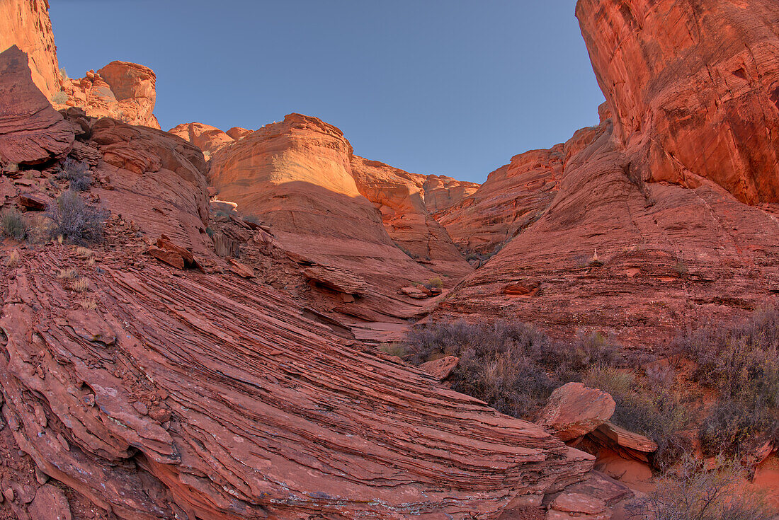 View from below the cliffs of the spur canyon just north of the main overlook of Horseshoe Bend, Arizona, United States of America, North America