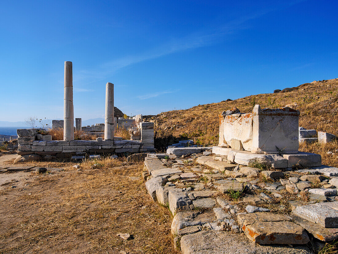 Tempel der Hera, Archäologische Stätte von Delos, UNESCO-Welterbe, Insel Delos, Kykladen, Griechische Inseln, Griechenland, Europa