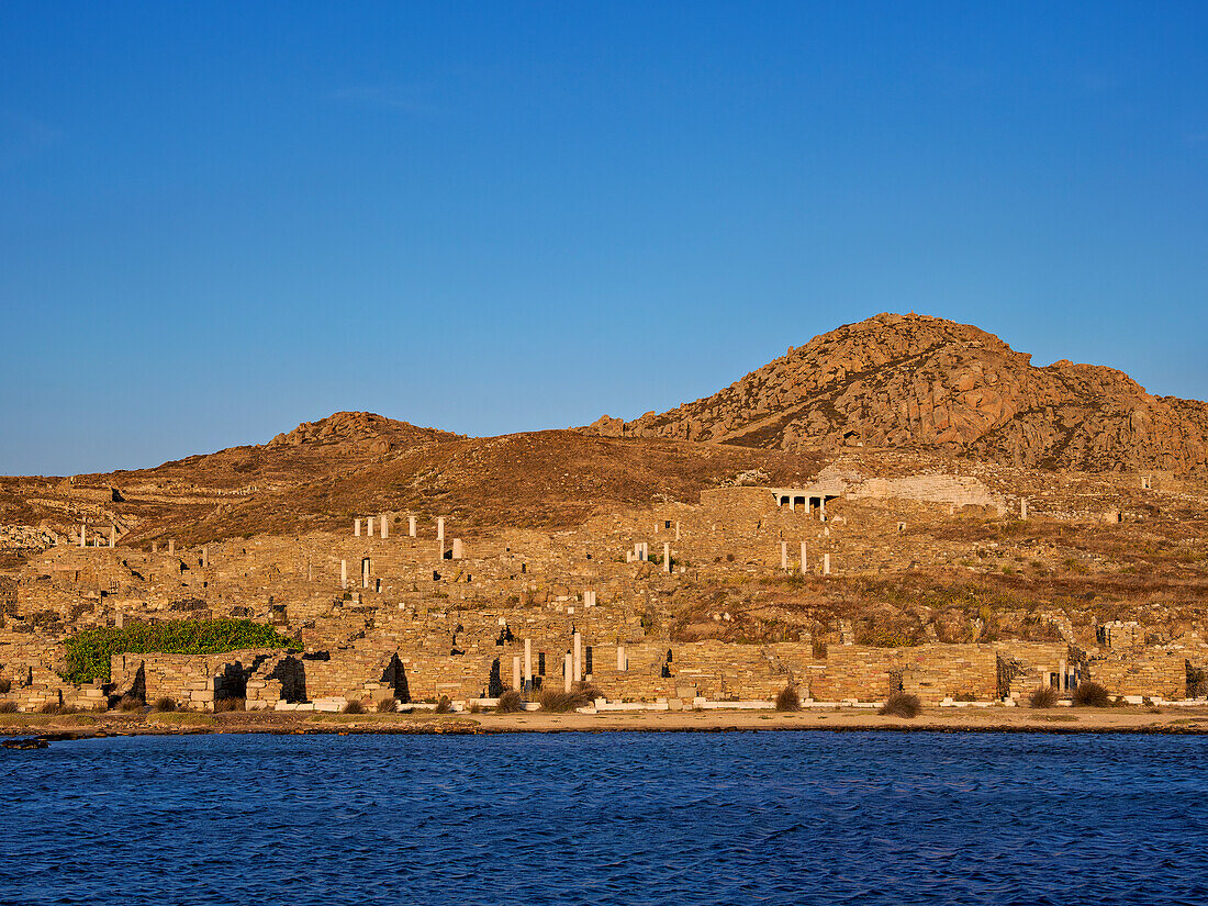 Waterfront of Delos Archaeological Site at sunset, UNESCO World Heritage Site, Delos Island, Cyclades, Greek Islands, Greece, Europe