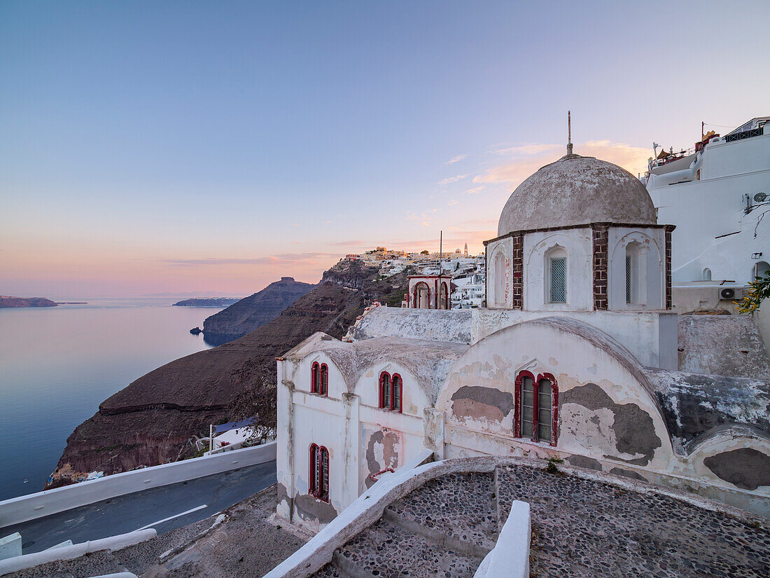 St. John the Theologian Holy Orthodox Church at dawn, Fira, Santorini (Thira) Island, Cyclades, Greek Islands, Greece, Europe