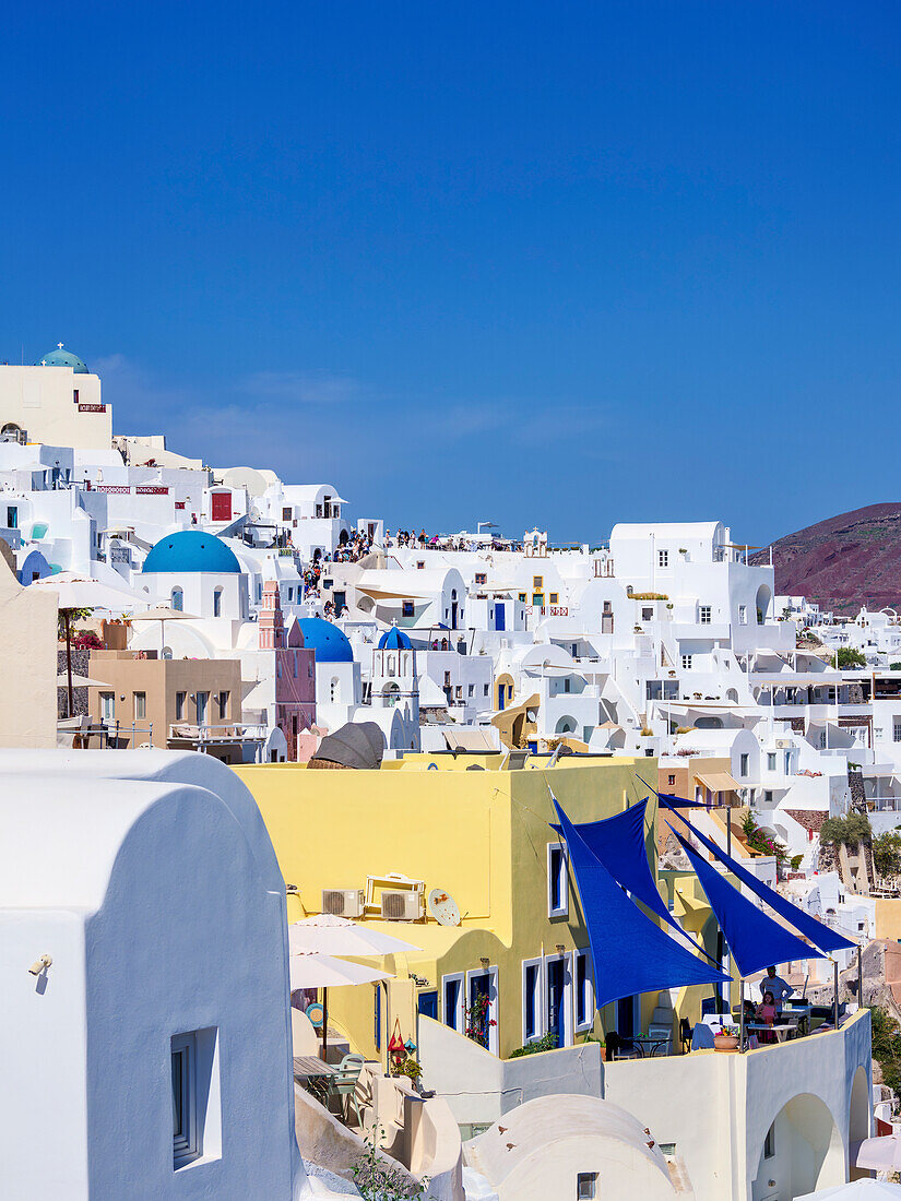 Blick auf die blauen Kuppelkirchen der Auferstehung des Herrn und des Heiligen Spyridon, Dorf Oia, Insel Santorin (Thira), Kykladen, Griechische Inseln, Griechenland, Europa