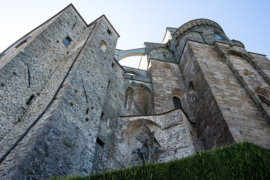 Architectural detail of the Sacra di San Michele, (Saint Michael's Abbey), a religious complex on Mount Pirchiriano, on south side of the Val di Susa, municipality of Sant'Ambrogio di Torino, Metropolitan City of Turin, Piedmont, Italy, Europe