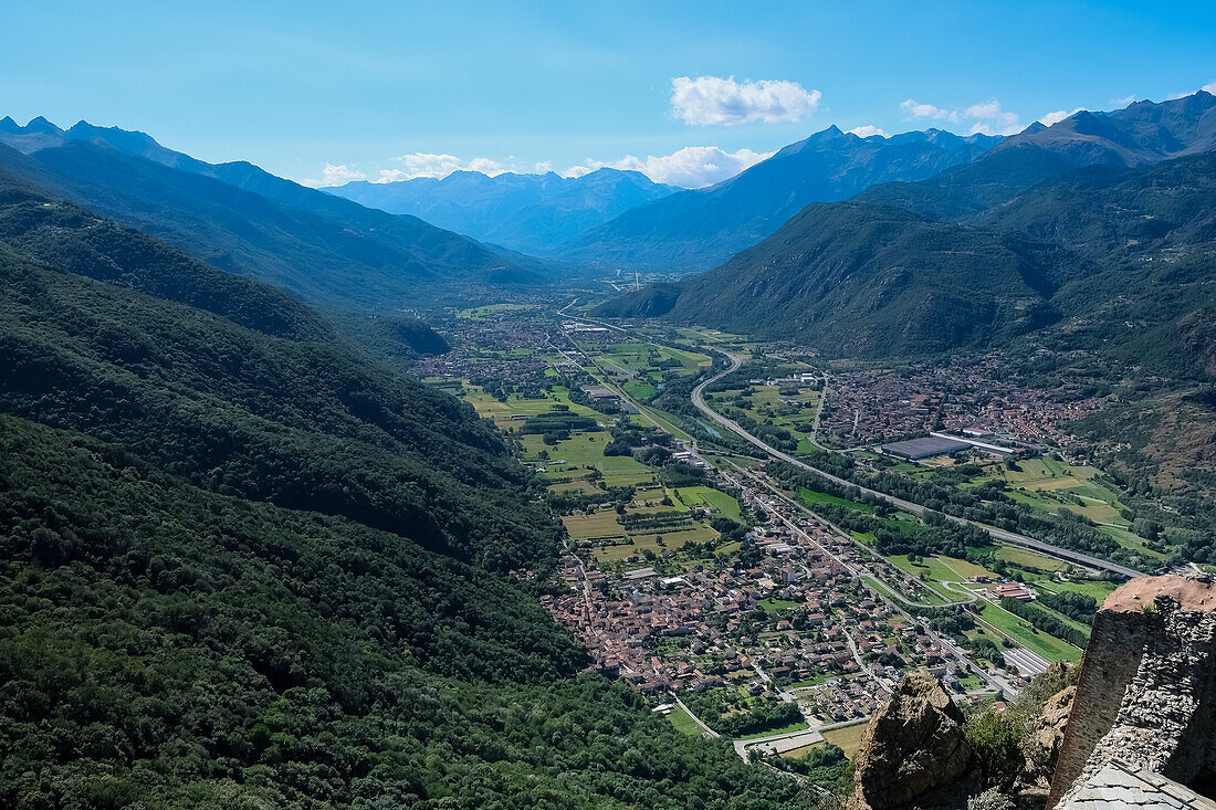 Landscape from the Sacra di San Michele, (Saint Michael's Abbey), a religious complex on Mount Pirchiriano, on south side of the Val di Susa, municipality of Sant'Ambrogio di Torino, Metropolitan City of Turin, Piedmont, Italy, Europe