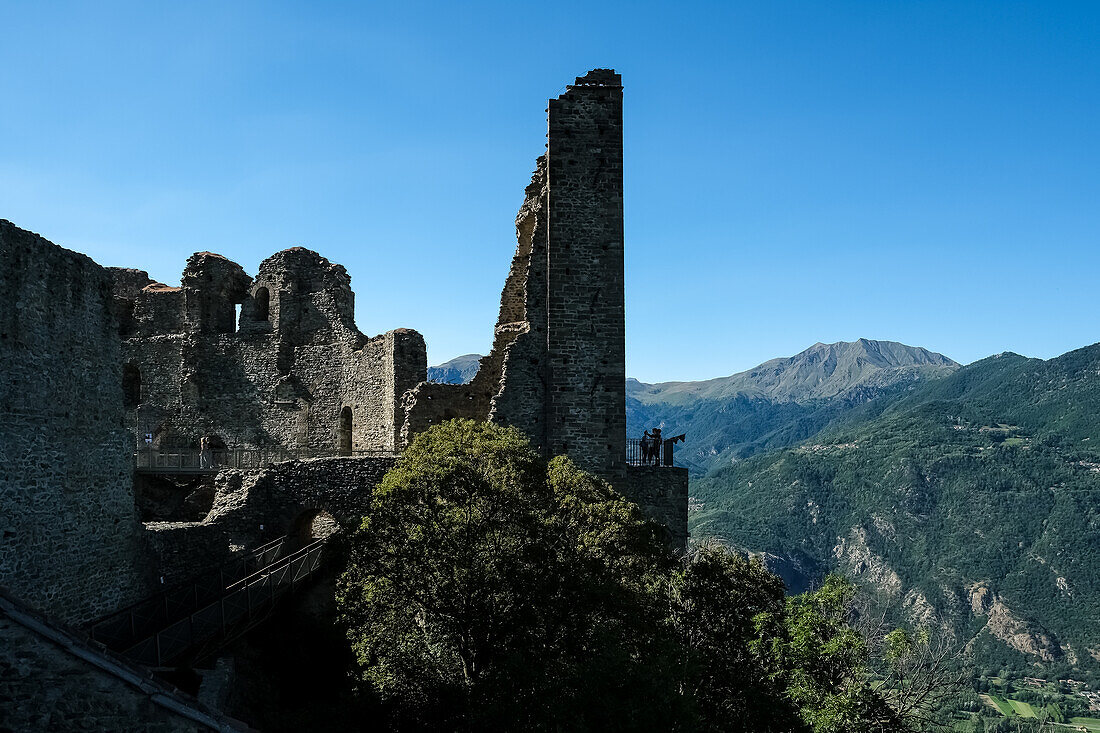 Detail of Sacra di San Michele, a religious complex on Mount Pirchiriano in Val di Susa, with mountains in the background, Sant'Ambrogio di Torino, Metropolitan City of Turin, Piedmont, Italy, Europe