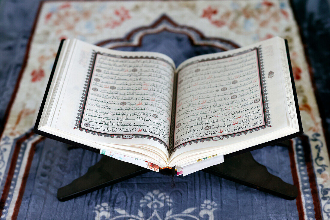 Open Quran in Arabic on wood stand, Symbol of Islam, Mubarak Mosque, Chau Doc, Vietnam, Indochina, Southeast Asia, Asia