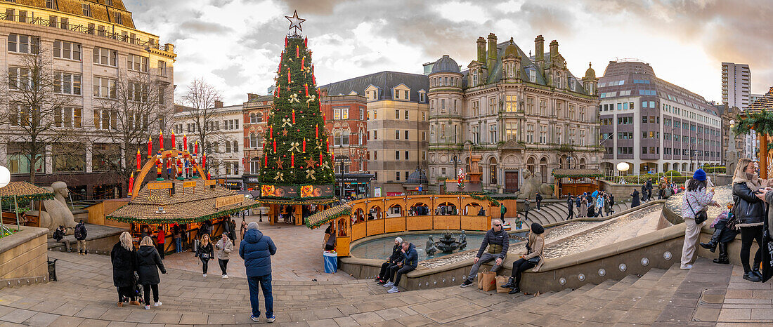 View of Christmas Market stalls in Victoria Square, Birmingham, West Midlands, England, United Kingdom, Europe