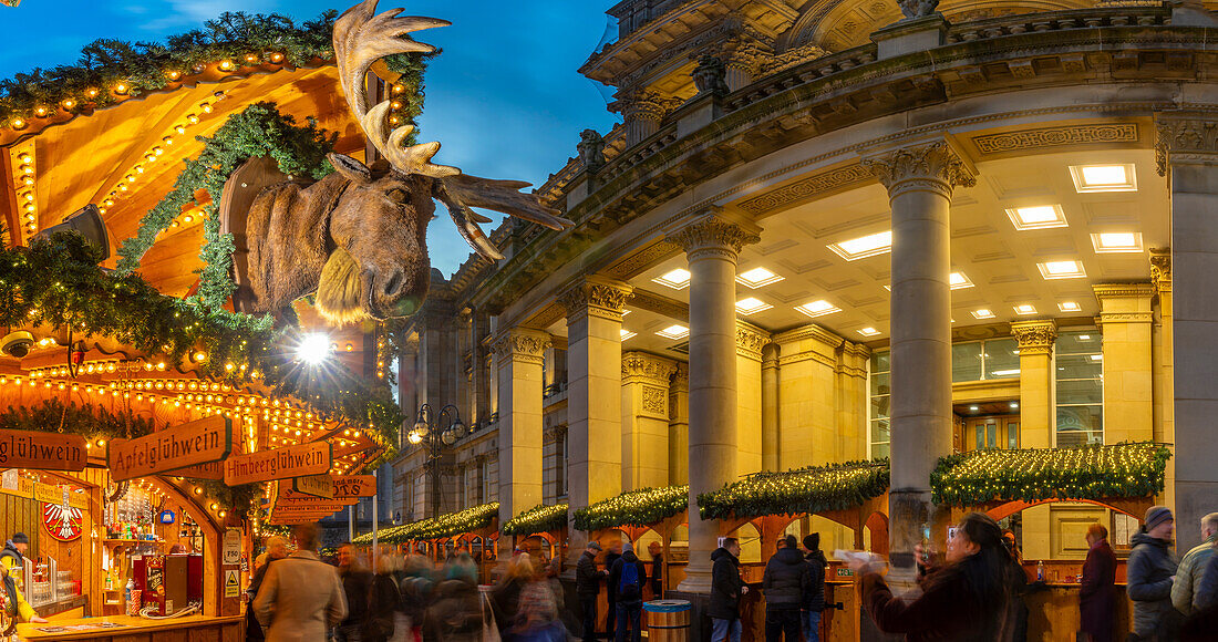 View of Christmas Market stalls in Victoria Square, Birmingham, West Midlands, England, United Kingdom, Europe