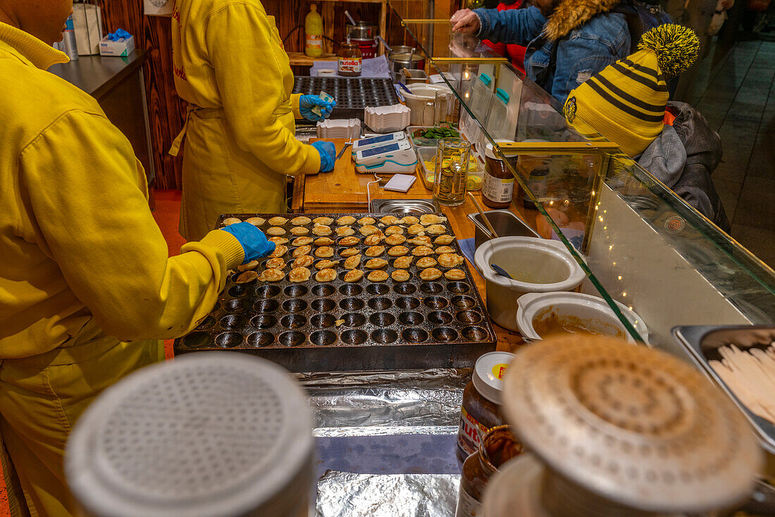 View of Christmas Market stall in Victoria Square at dusk, Birmingham, West Midlands, England, United Kingdom, Europe