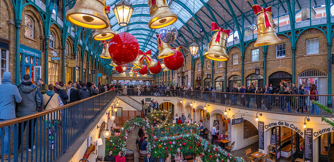 View of Christmas decorations in the Apple Market, Covent Garden, London, England, United Kingdom, Europe