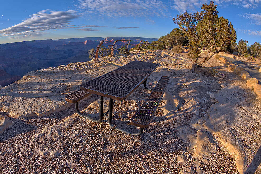 A steel picnic table near a cliff on the west side of Mohave Point at the Grand Canyon, UNESCO World Heritage Site, Arizona, United States of America, North America