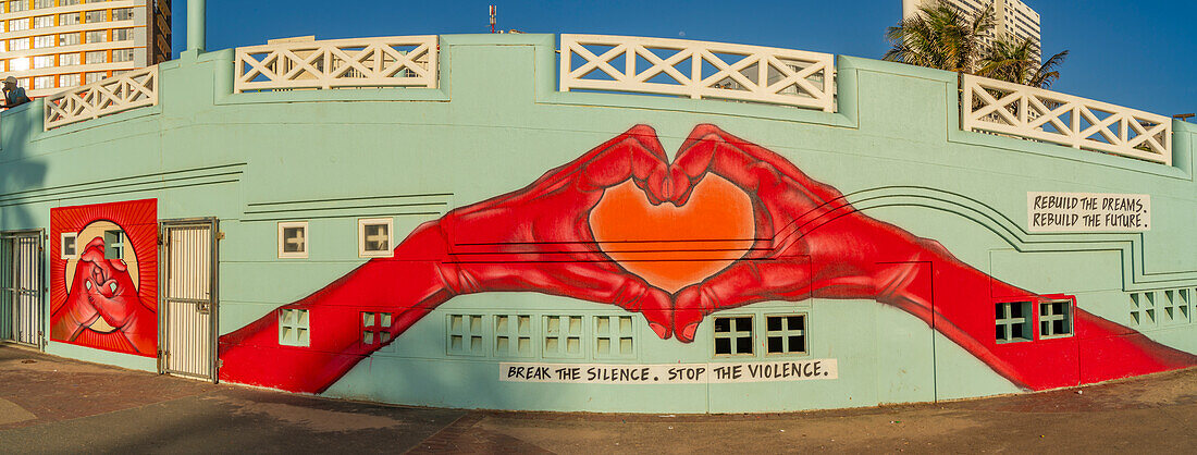 View of colourful wall art (murral) on promenade, Durban, KwaZulu-Natal Province, South Africa, Africa