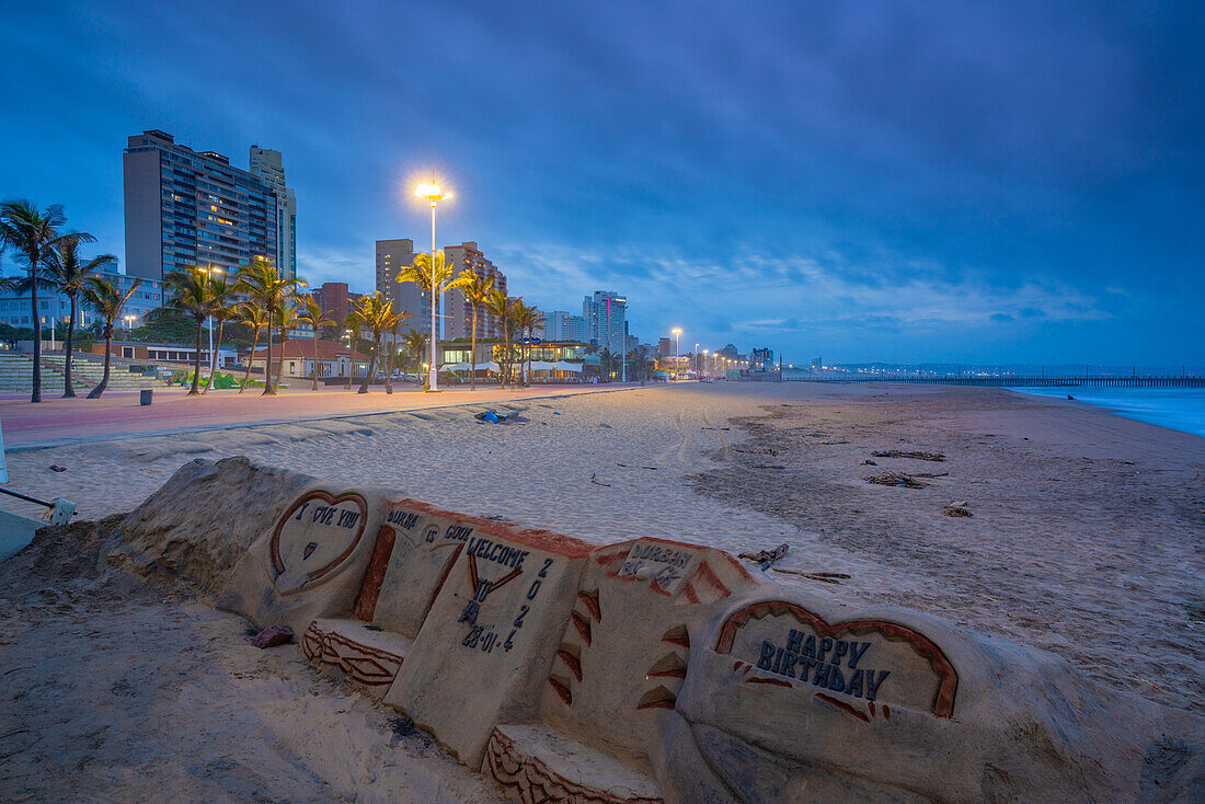 View of beaches, promenade and hotels from New Pier at dusk, Durban, KwaZulu-Natal Province, South Africa, Africa