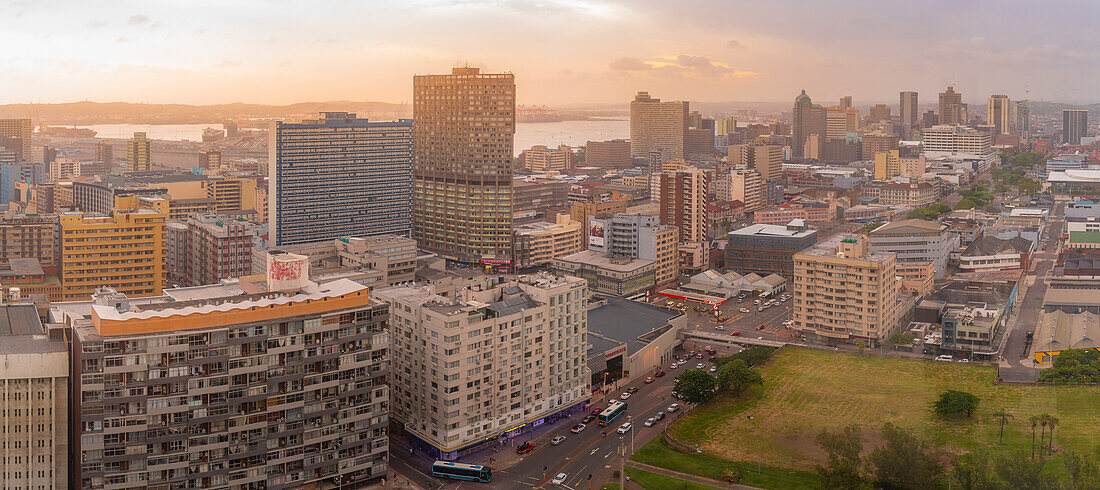 Elevated view of city skyline, Durban, KwaZulu-Natal Province, South Africa, Africa