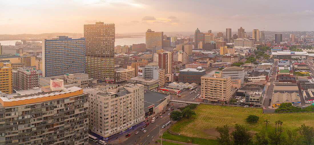 Elevated view of city skyline, Durban, KwaZulu-Natal Province, South Africa, Africa