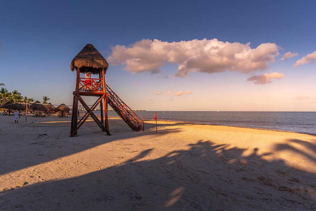 View of lifeguard watch tower and golden beach near Puerto Morelos, Caribbean Coast, Yucatan Peninsula, Mexico, North America