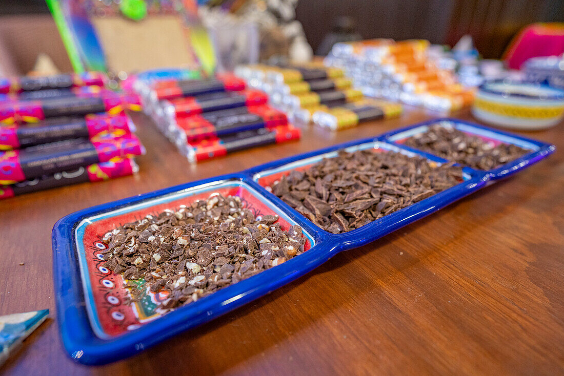 View of Mexican chocolate tasting dishes, Hotel Zone, Cancun, Caribbean Coast, Yucatan Peninsula, Mexico, North America