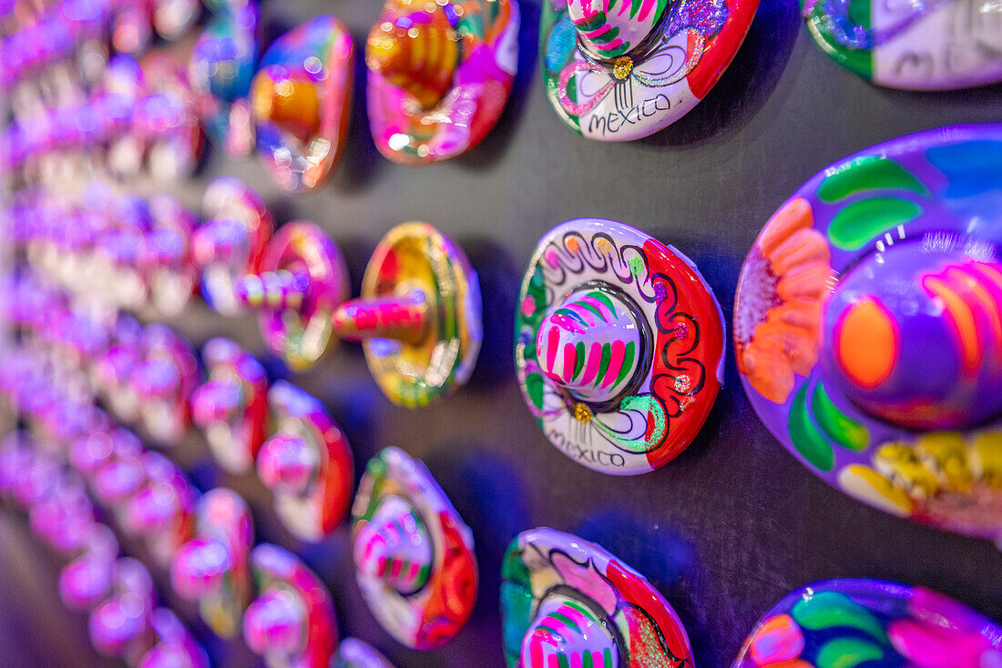 View of colourful Mexican Sombrero souvenirs, Hotel Zone, Cancun, Caribbean Coast, Yucatan Peninsula, Mexico, North America