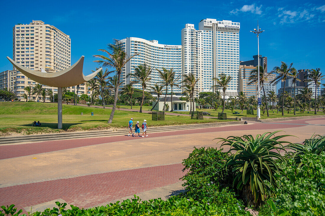 View of shrubs on promenade and hotels, Durban, KwaZulu-Natal Province, South Africa, Africa