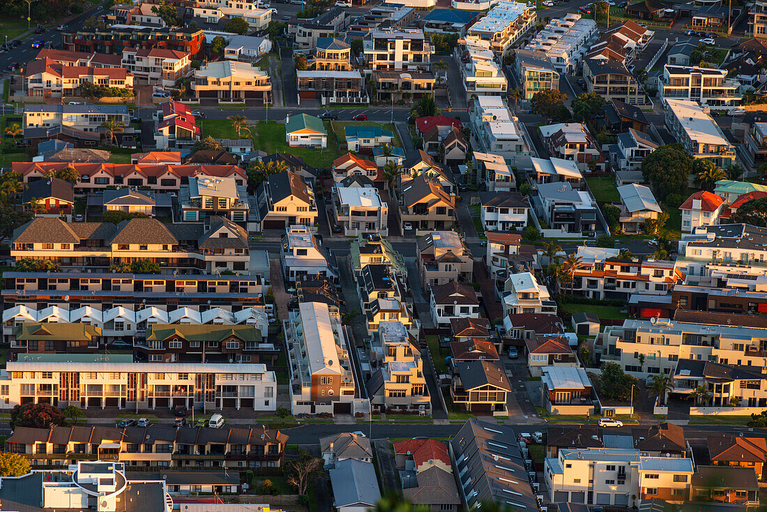 Low aerial view of residential area of Mount Maunganui, Tauranga, Bay of Plenty, North Island, New Zealand, Pacific