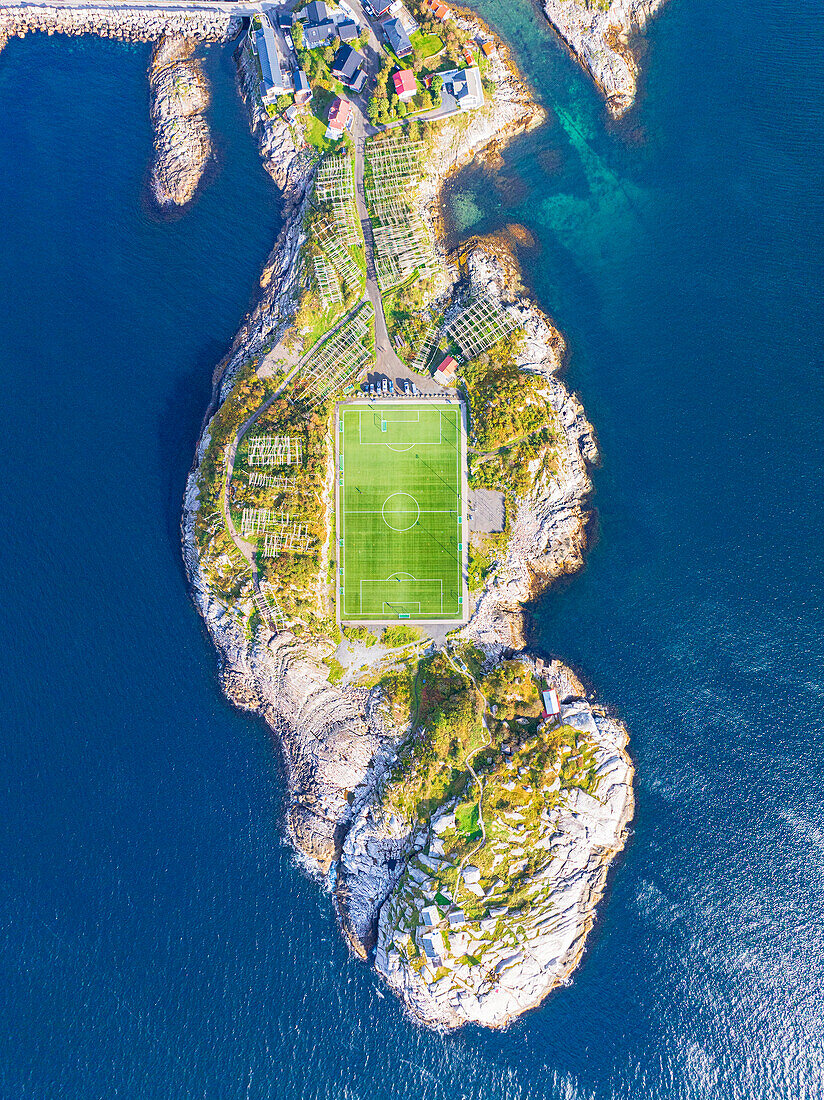 Aerial view taken by drone of Henningsvaer during an autumn day, famous fisherman's village in the Lofoten Islands, Nordland, Norway, Scandinavia, Europe