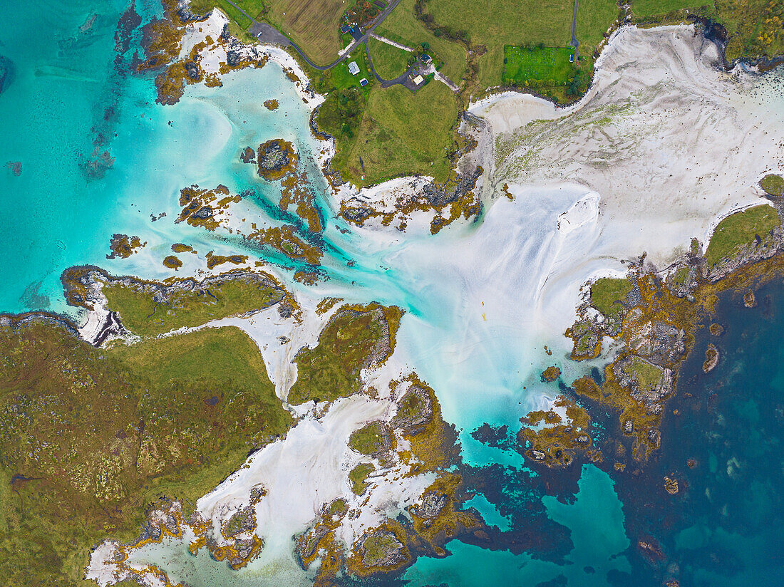 Aerial view taken by drone of the coast of Gimsoya Island during an autumn day, Lofoten Islands, Nordland, Norway, Scandinavia, Europe