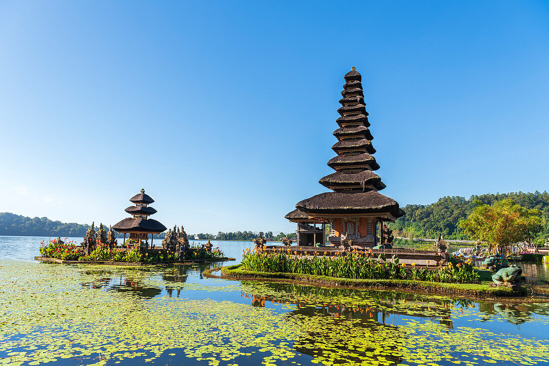 Der berühmte Hindu-Tempel Pura Ulun Danu Bratan am Ufer des Bratan-Sees an einem sonnigen Tag, Bali, Indonesien, Südostasien, Asien