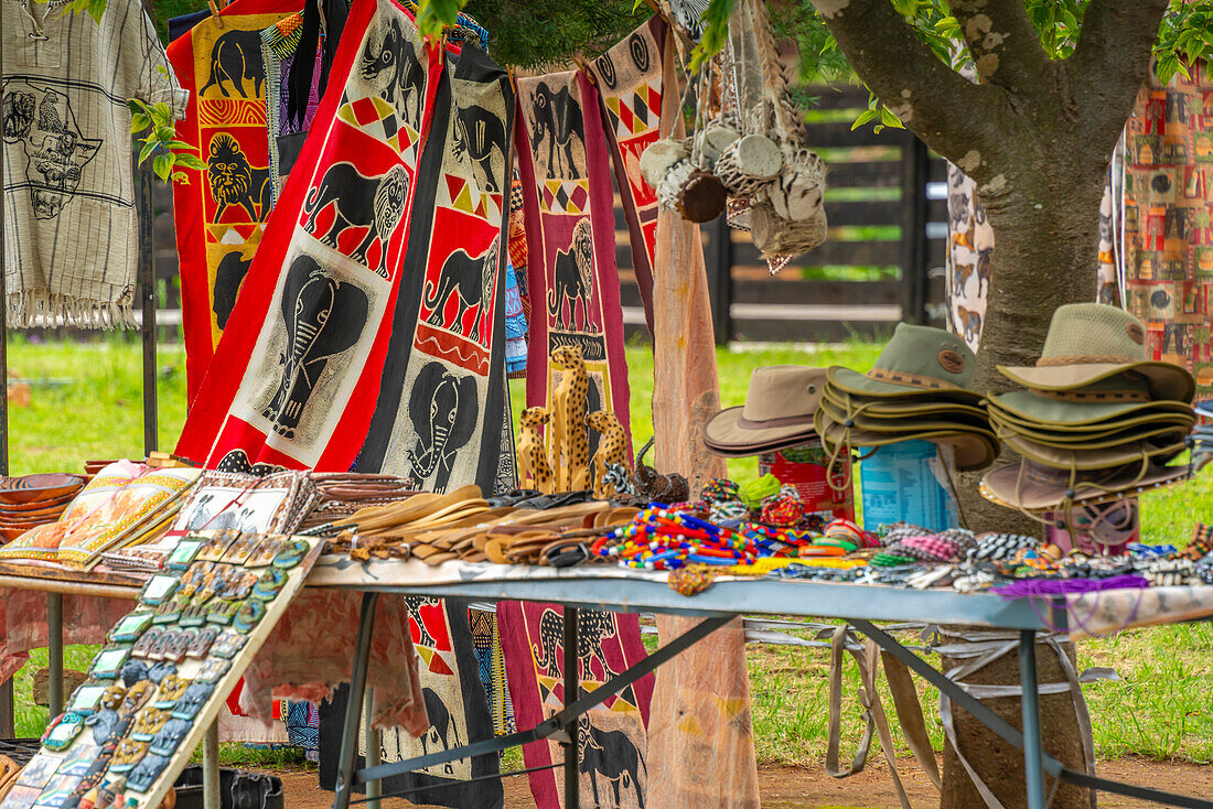 View of colourful souvenirs in Moremela village at Bourke's Luck Potholes, Blyde River Canyon Nature Reserve, Moremela, Mpumalanga Province, South Africa, Africa