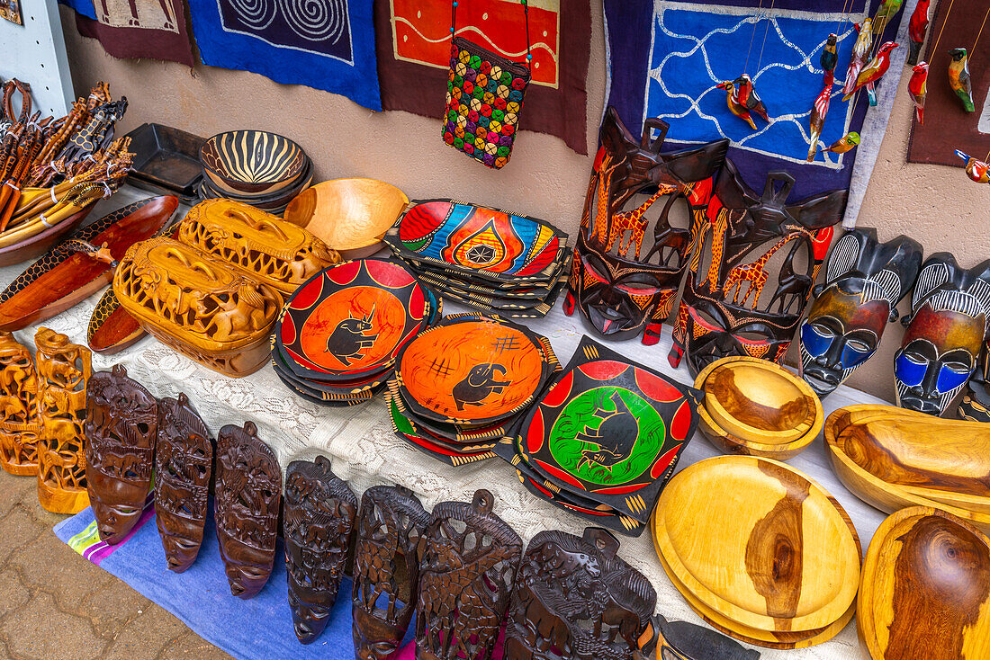 View of colourful souvenirs in Moremela village at Bourke's Luck Potholes, Blyde River Canyon Nature Reserve, Moremela, Mpumalanga Province, South Africa, Africa