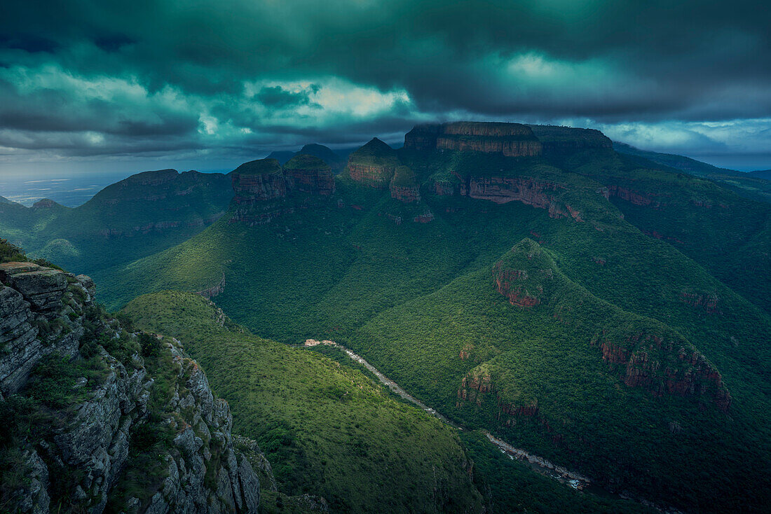 View of moody skies over the Three Rondavels in Blyde River Canyon, Province of Mpumalanga, South Africa, Africa