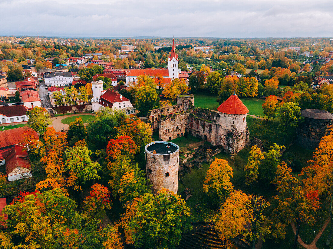 Aerial drone View of Cesis Castle in the Medieval Cesis Old Town, Cesis, Latvia, Baltics, Europe