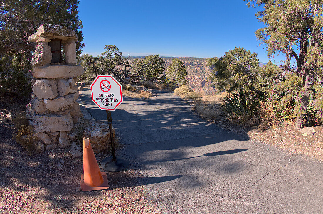 Sign stating that bikes are not allowed beyond this point at Hermits Rest, Grand Canyon, Arizona, United States of America, North America