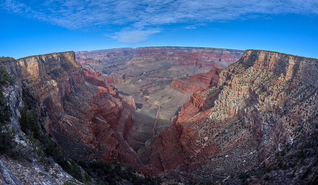 Monument Creek viewed from along the rim trail halfway between The Abyss and Monument Creek Vista Overlook with Mohave Point on right and Pima Point on the left in the distance, Grand Canyon, Arizona, United States of America, North America