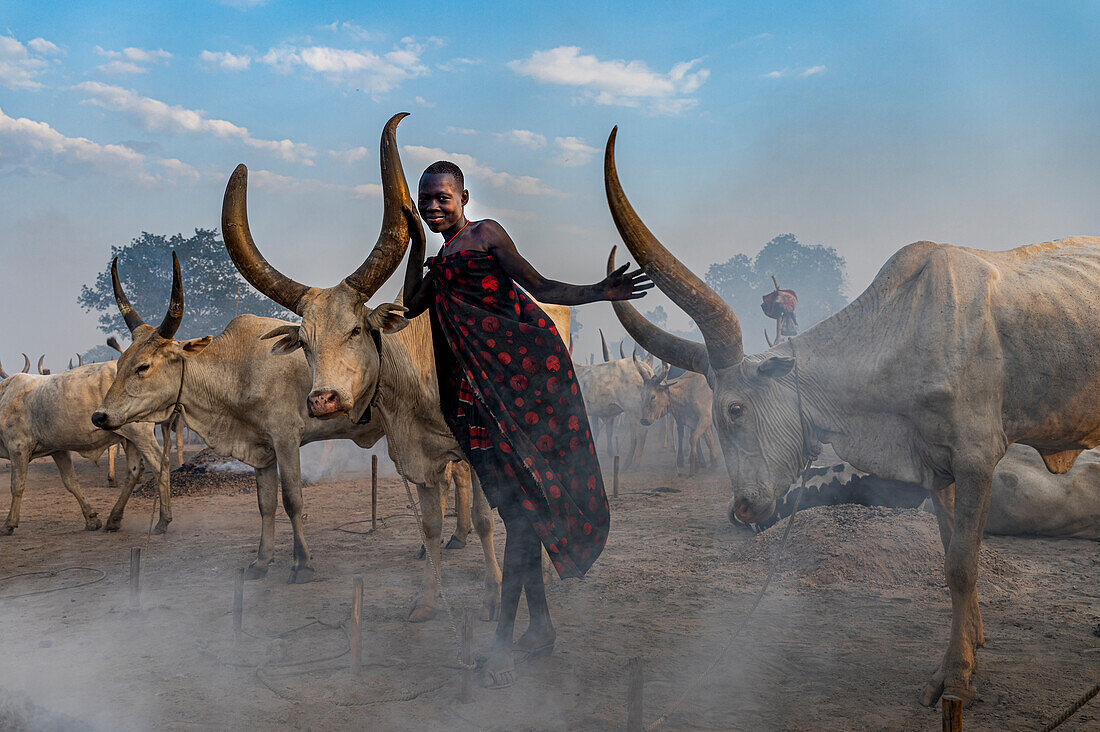 Junges Mädchen posiert mit Kühen, Mundari-Stamm, Südsudan, Afrika